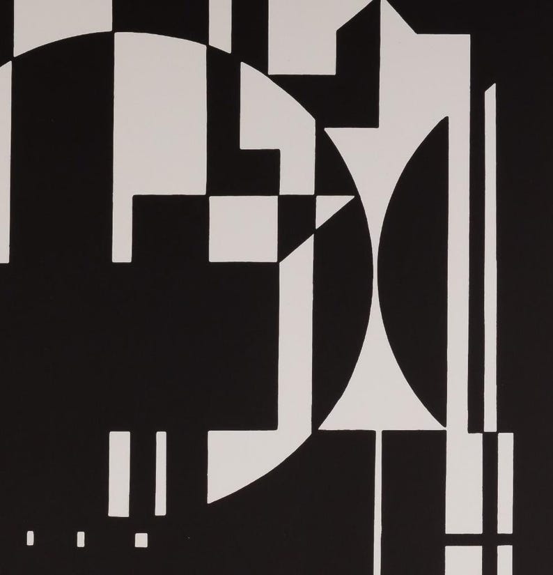 May include: Abstract black and white geometric artwork. The design features a combination of shapes, including squares, rectangles, and curved elements. The composition is a study in contrasts, with the stark black and white creating a bold visual impact.