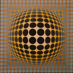 Puede incluir: Una obra de arte geom&eacute;trica abstracta que presenta una gran forma esf&eacute;rica compuesta por &oacute;valos negros y amarillos. La esfera se encuentra sobre una cuadr&iacute;cula de c&iacute;rculos azules y naranjas, creando una ilusi&oacute;n &oacute;ptica de profundidad y movimiento. La obra es un estudio de forma y color.