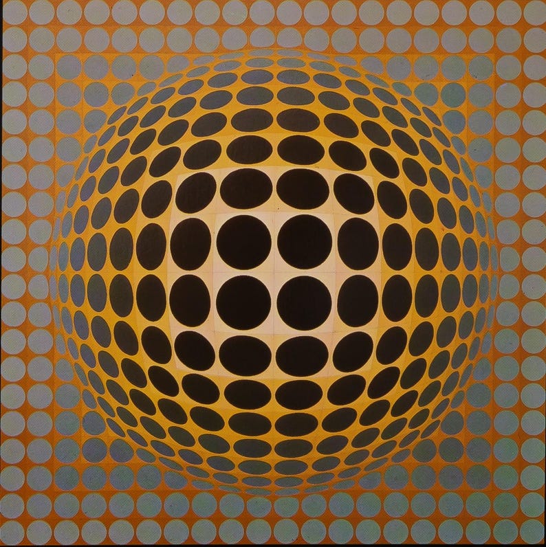 Puede incluir: Una obra de arte geom&eacute;trica abstracta que presenta una gran forma esf&eacute;rica compuesta por &oacute;valos negros y amarillos. La esfera se encuentra sobre una cuadr&iacute;cula de c&iacute;rculos azules y naranjas, creando una ilusi&oacute;n &oacute;ptica de profundidad y movimiento. La obra es un estudio de forma y color.