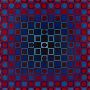 K&ouml;nnte beinhalten: Abstrakte geometrische Kunst mit einem symmetrischen Muster aus roten, blauen und schwarzen Formen. Das Design umfasst Kreise und Quadrate, die in einem Raster angeordnet sind, mit einem Gradienteneffekt von der Mitte nach au&szlig;en. Der Hintergrund ist ein helles, einfarbiges Blau.
