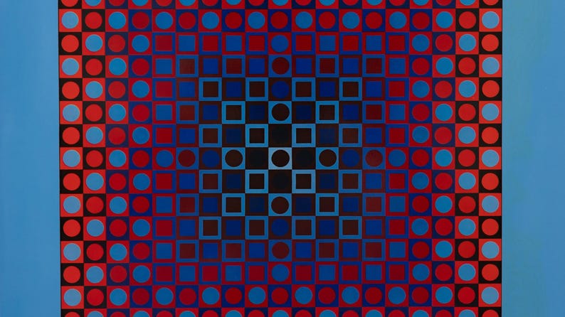 K&ouml;nnte beinhalten: Abstrakte geometrische Kunst mit einem symmetrischen Muster aus roten, blauen und schwarzen Formen. Das Design umfasst Kreise und Quadrate, die in einem Raster angeordnet sind, mit einem Gradienteneffekt von der Mitte nach au&szlig;en. Der Hintergrund ist ein helles, einfarbiges Blau.