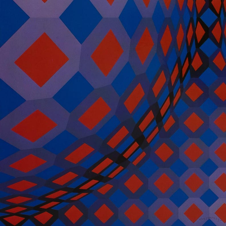 May include: Abstract geometric painting with a dynamic, curved perspective. The artwork features a repeating pattern of blue and red diamond shapes set against a purple background. Black lines create a sense of depth and movement.