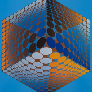 May include: Abstract geometric artwork featuring a three-dimensional cube illusion. The cube is composed of numerous oval shapes in shades of brown, blue, orange, and white against a blue background. The artwork creates a sense of depth and movement.