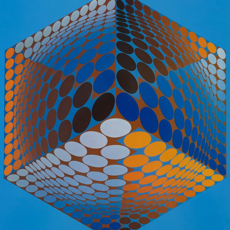 May include: Abstract geometric artwork featuring a three-dimensional cube illusion. The cube is composed of numerous oval shapes in shades of brown, blue, orange, and white against a blue background. The artwork creates a sense of depth and movement.
