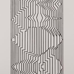 May include: Abstract black and white artwork featuring a series of vertical lines that create a distorted, geometric pattern. The design includes angular shapes and a sense of depth, with the lines varying in thickness and direction.