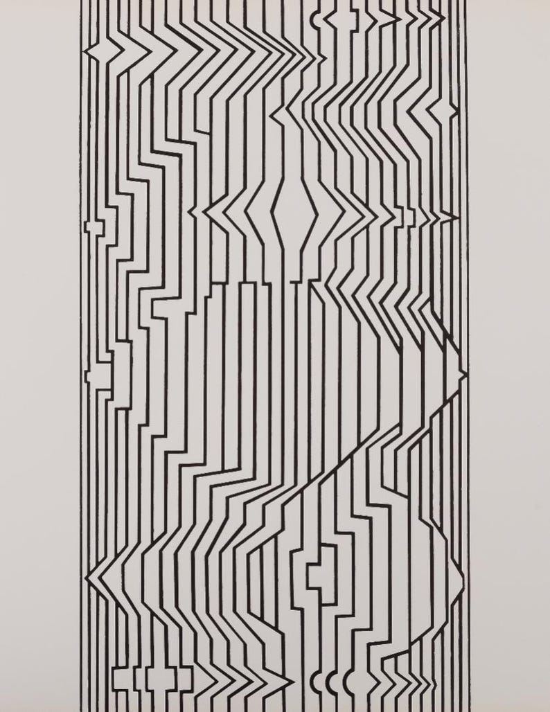 May include: Abstract black and white artwork featuring a series of vertical lines that create a distorted, geometric pattern. The design includes angular shapes and a sense of depth, with the lines varying in thickness and direction.