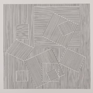 May include: Black and white geometric art print featuring a series of squares and rectangles composed of vertical and horizontal lines. The design creates an optical illusion of depth and dimension, with overlapping shapes.