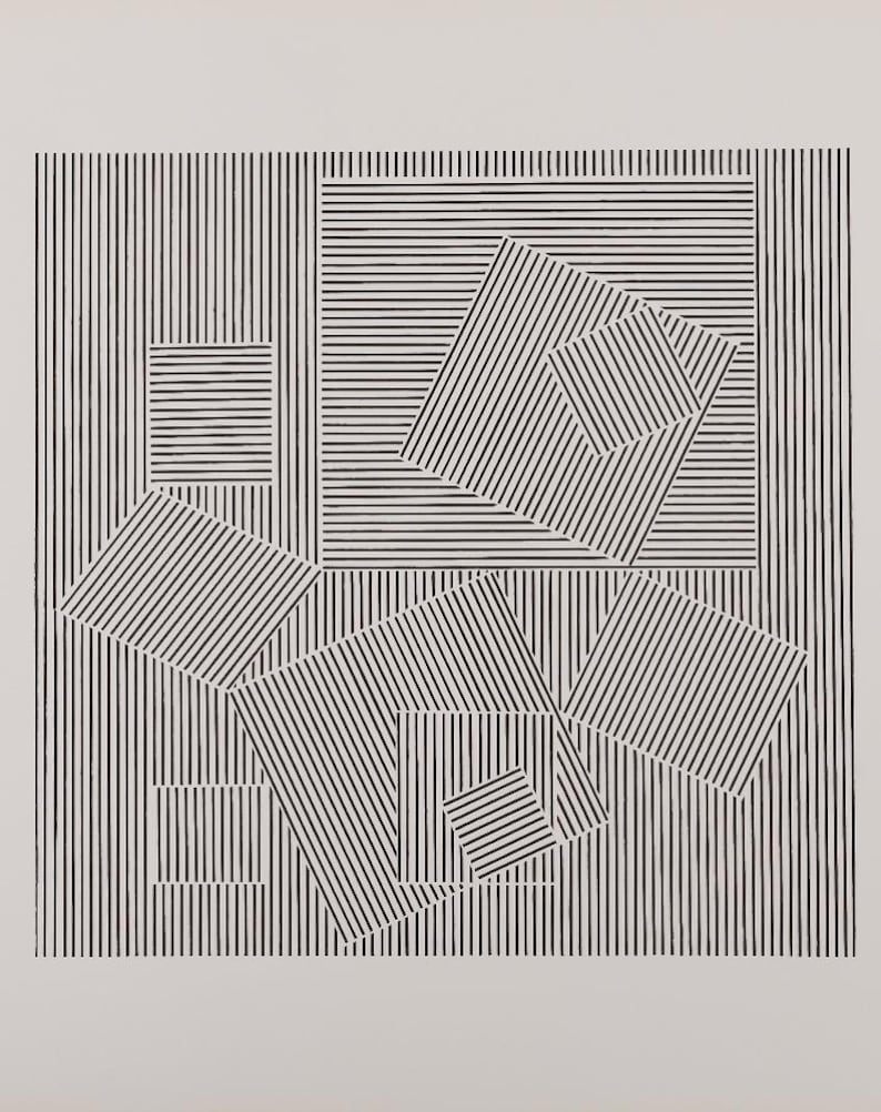 May include: Black and white geometric art print featuring a series of squares and rectangles composed of vertical and horizontal lines. The design creates an optical illusion of depth and dimension, with overlapping shapes.