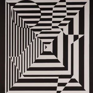 Puede incluir: Obra de arte geom&eacute;trica en blanco y negro con un c&iacute;rculo, cuadrados y l&iacute;neas. El dise&ntilde;o crea una ilusi&oacute;n &oacute;ptica con una sensaci&oacute;n de profundidad y movimiento. La obra de arte est&aacute; sobre un fondo negro.