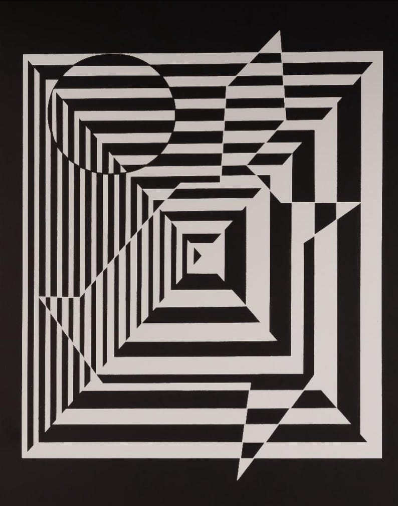Puede incluir: Obra de arte geom&eacute;trica en blanco y negro con un c&iacute;rculo, cuadrados y l&iacute;neas. El dise&ntilde;o crea una ilusi&oacute;n &oacute;ptica con una sensaci&oacute;n de profundidad y movimiento. La obra de arte est&aacute; sobre un fondo negro.