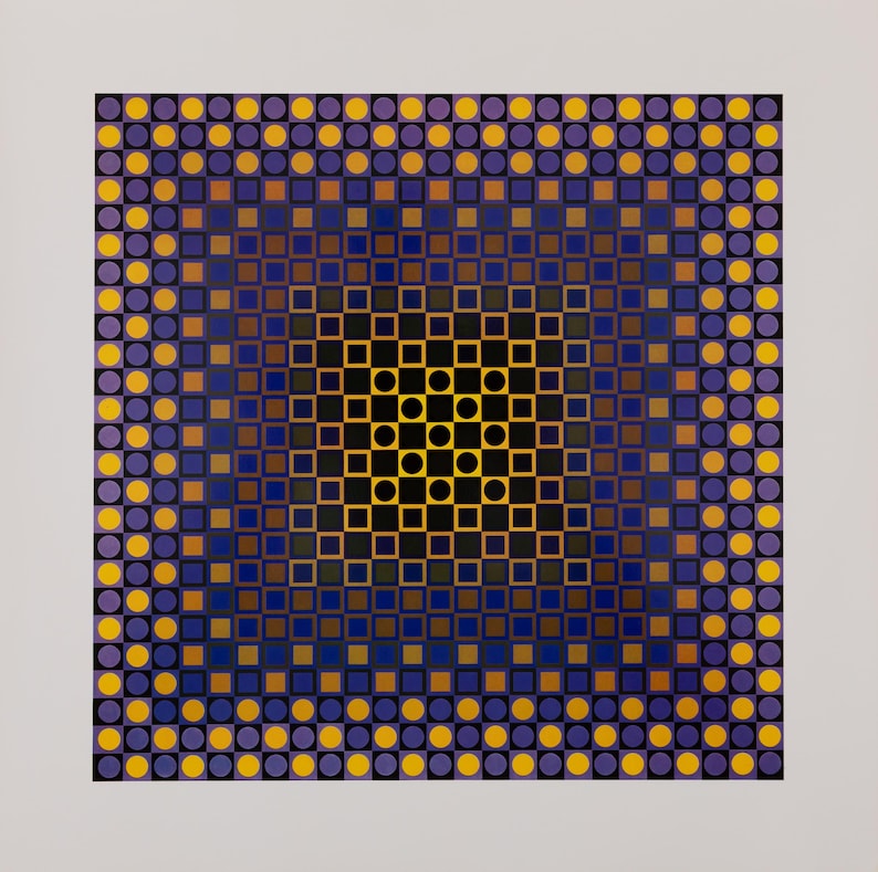 May include: Abstract geometric art print featuring a repeating pattern of squares and circles in shades of yellow, blue, brown, and black. The design creates a gradient effect, with a dark center and lighter edges. The artwork is set against a white background.