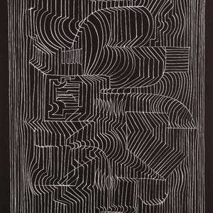 May include: Abstract black and white artwork featuring a complex design of curved and straight white lines against a solid black background. The lines create geometric shapes and patterns, giving a sense of depth and movement.