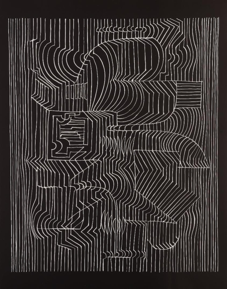May include: Abstract black and white artwork featuring a complex design of curved and straight white lines against a solid black background. The lines create geometric shapes and patterns, giving a sense of depth and movement.