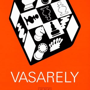 K&ouml;nnte beinhalten: Orangefarbenes Poster mit einem schwarz-wei&szlig;en geometrischen Design, das Schachfiguren zeigt. Der Text "VASARELY", "GEORGES FALL" und "ART 14'83 - BALE" ist in Wei&szlig; gedruckt.