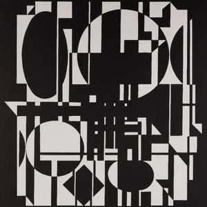 May include: Abstract black and white geometric art print. The artwork features a complex arrangement of shapes, including circles, rectangles, and triangles. The design is a study in contrasts, with the white shapes standing out against the black background.