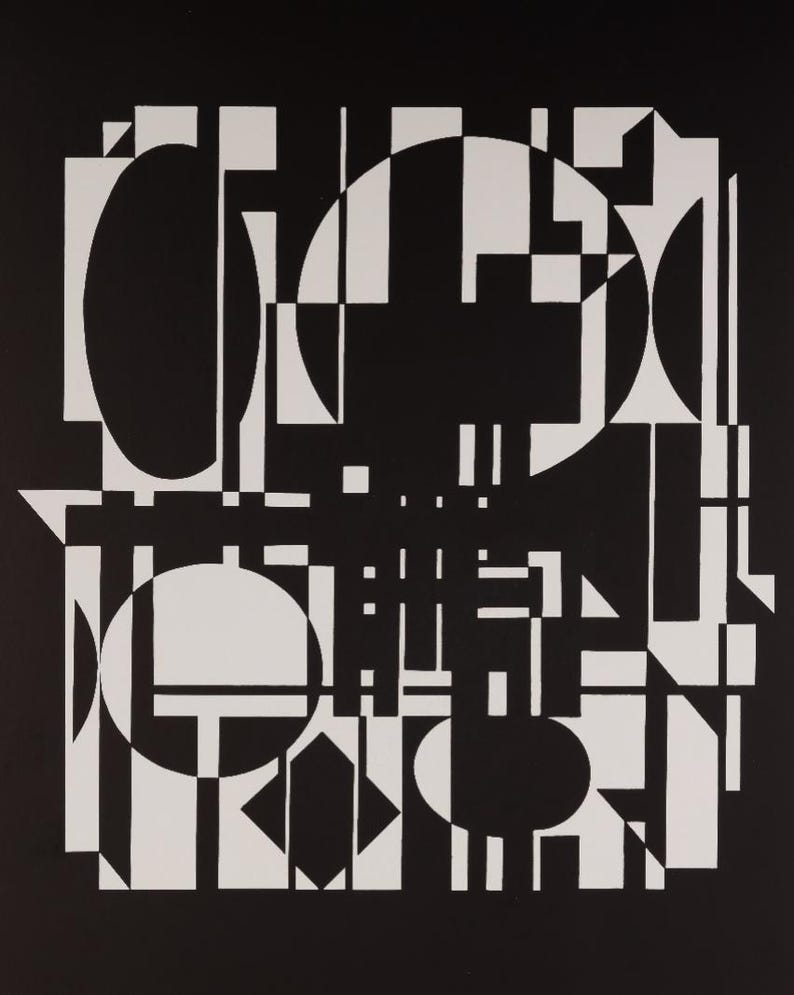 May include: Abstract black and white geometric art print. The artwork features a complex arrangement of shapes, including circles, rectangles, and triangles. The design is a study in contrasts, with the white shapes standing out against the black background.