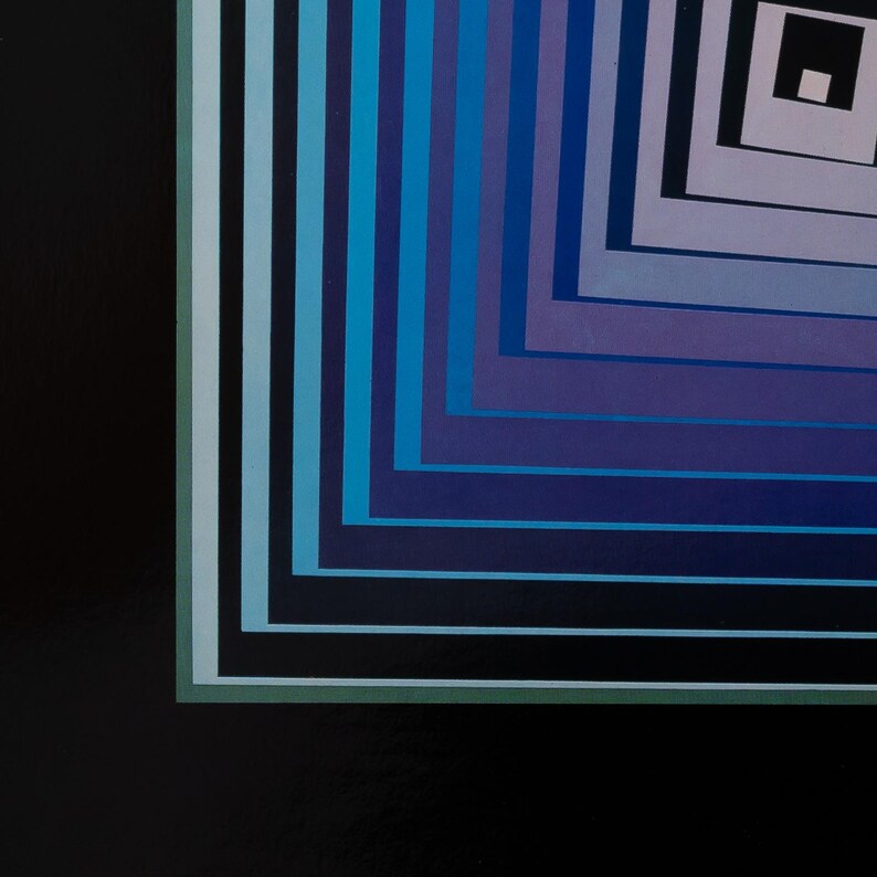 May include: Abstract geometric art print featuring a square spiral design in shades of blue, purple, and black. The artwork has a modern aesthetic with clean lines and a minimalist style. The color palette creates a sense of depth and visual interest.