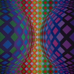May include: Abstract geometric artwork featuring a distorted perspective. The design uses a repeating pattern of diamonds and octagons in a vibrant palette of blue, green, red, orange, and purple. The artwork creates an optical illusion of depth and movement.