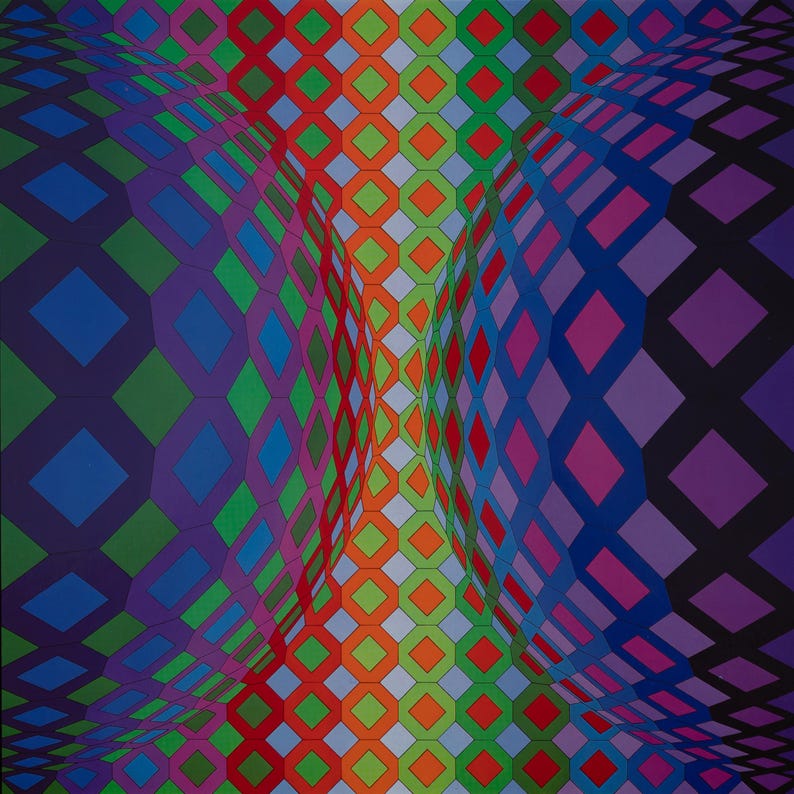 May include: Abstract geometric artwork featuring a distorted perspective. The design uses a repeating pattern of diamonds and octagons in a vibrant palette of blue, green, red, orange, and purple. The artwork creates an optical illusion of depth and movement.