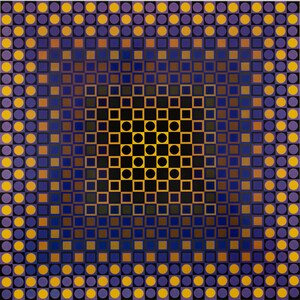 May include: Abstract geometric artwork featuring a repeating pattern of squares and circles in a gradient of colors. The design transitions from a dark center to a lighter outer edge, with hues of gold, purple, blue, and brown.