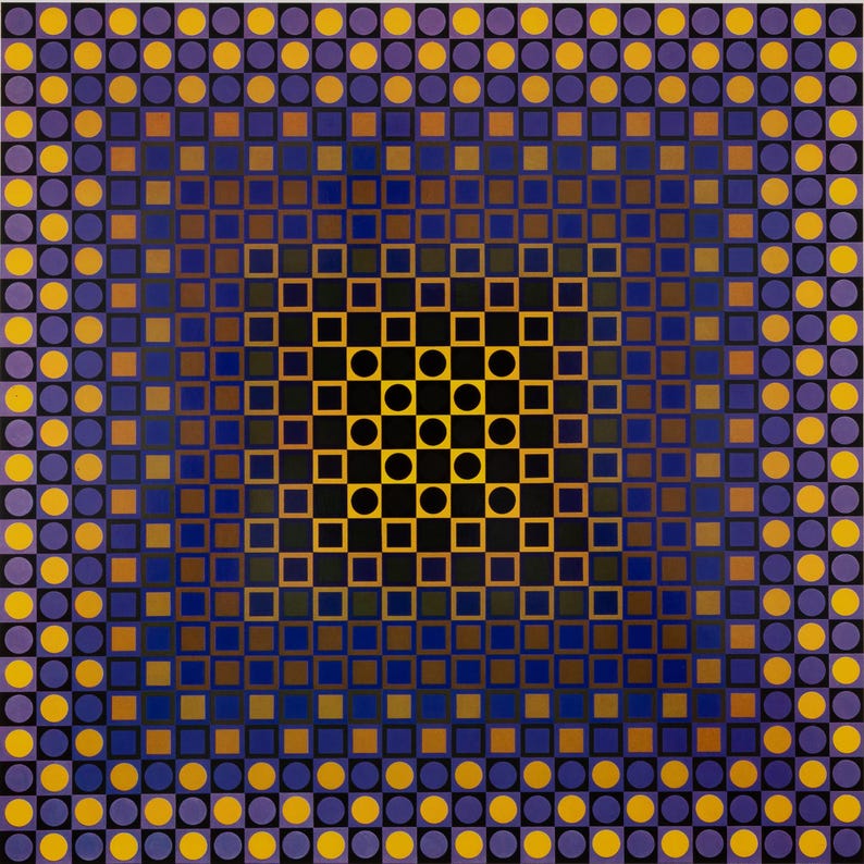 May include: Abstract geometric artwork featuring a repeating pattern of squares and circles in a gradient of colors. The design transitions from a dark center to a lighter outer edge, with hues of gold, purple, blue, and brown.
