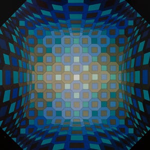 K&ouml;nnte beinhalten: Abstrakte geometrische Kunst mit rautenf&ouml;rmigem Design und 3D-Effekt. Das Muster verwendet Quadrate, Achtecke und Dreiecke in Blau-, T&uuml;rkis- und Braunt&ouml;nen vor einem schwarzen Hintergrund, wodurch ein Gef&uuml;hl von Tiefe entsteht.