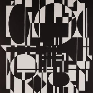 May include: Abstract black and white geometric art print. The artwork features a complex arrangement of shapes, including circles, rectangles, and triangles. The design is a study in contrasts, with bold black shapes set against a white background.