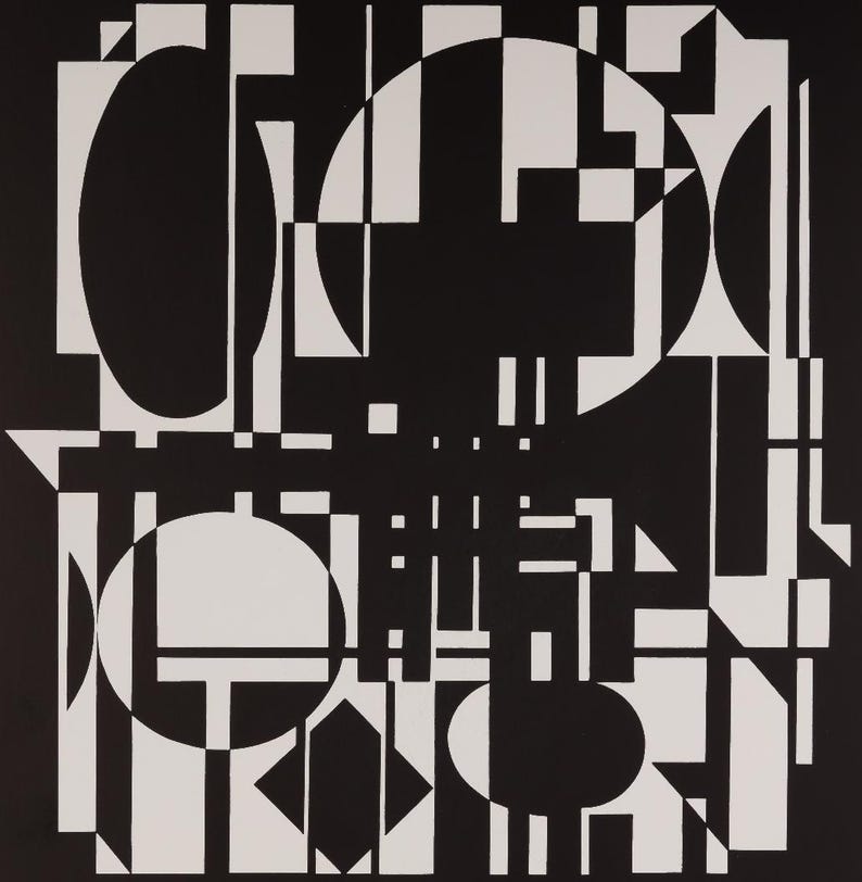 May include: Abstract black and white geometric art print. The artwork features a complex arrangement of shapes, including circles, rectangles, and triangles. The design is a study in contrasts, with bold black shapes set against a white background.