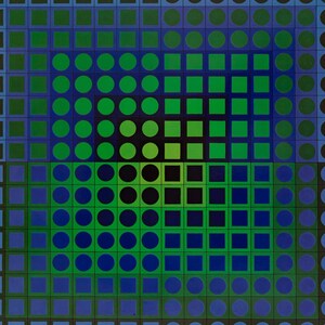May include: Abstract geometric artwork featuring a square composition with concentric squares and circles. The color palette includes shades of blue, green, and black, creating a visually dynamic and modern design. The artwork is framed in a gray border.