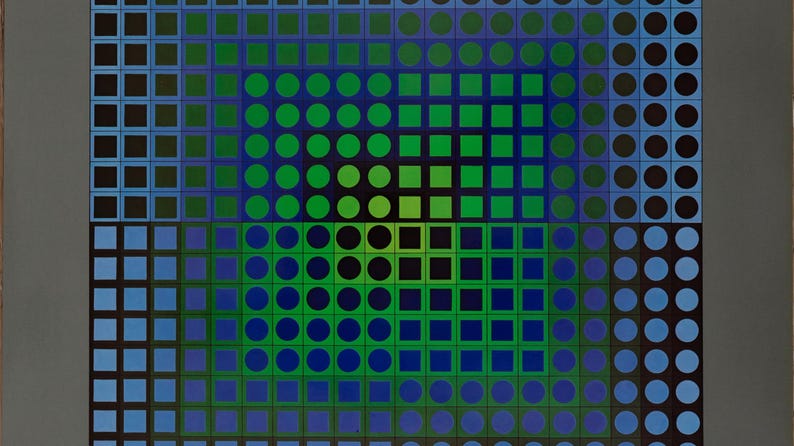 May include: Abstract geometric artwork featuring a square composition with concentric squares and circles. The color palette includes shades of blue, green, and black, creating a visually dynamic and modern design. The artwork is framed in a gray border.