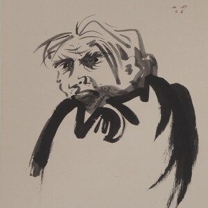 May include: Ink wash portrait of a man with a furrowed brow and a contemplative expression. The artwork is rendered in black ink on a light-coloured background, with bold brushstrokes defining the features and clothing.