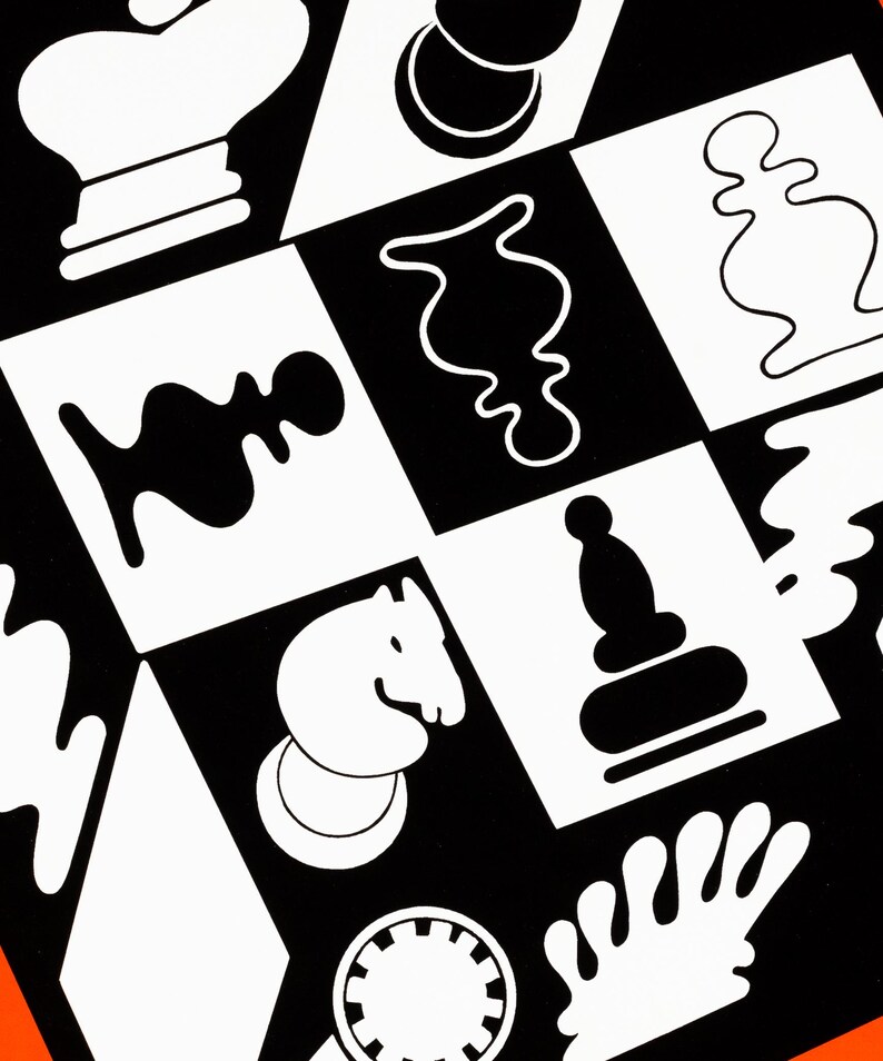 K&ouml;nnte beinhalten: Abstraktes Schachmotiv in Schwarz und Wei&szlig;. Das Bild zeigt verschiedene Schachfiguren-Silhouetten, darunter K&ouml;nig, Dame, Springer und Bauer, angeordnet in einem Schachbrettmuster. Das Design ist k&uuml;hn und grafisch, mit einer modernen &Auml;sthetik.