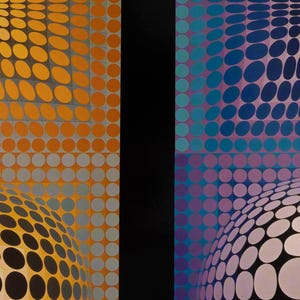 Puede incluir: Obra de arte geom&eacute;trica abstracta con una composici&oacute;n dividida. El lado izquierdo muestra un degradado de &oacute;valos naranjas y amarillos, que transicionan a gris y negro. El lado derecho muestra &oacute;valos azules, morados y blancos. Una franja vertical negra divide los dos lados.