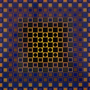 May include: Abstract geometric artwork featuring a repeating pattern of squares, circles, and rectangles in shades of blue, gold, brown, and black. The design has a gradient effect, with a darker center.