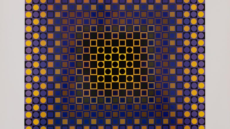 May include: Abstract geometric artwork featuring a repeating pattern of squares, circles, and rectangles in shades of blue, gold, brown, and black. The design has a gradient effect, with a darker center.