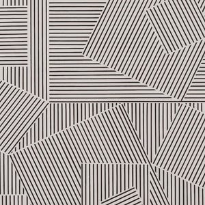 May include: Abstract geometric pattern featuring black lines on a light beige background. The design is composed of various shapes and angles, with both vertical and horizontal lines creating a modern, graphic aesthetic. The pattern is suitable for wallpaper or fabric.
