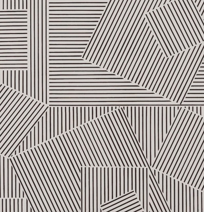 May include: Abstract geometric pattern featuring black lines on a light beige background. The design is composed of various shapes and angles, with both vertical and horizontal lines creating a modern, graphic aesthetic. The pattern is suitable for wallpaper or fabric.