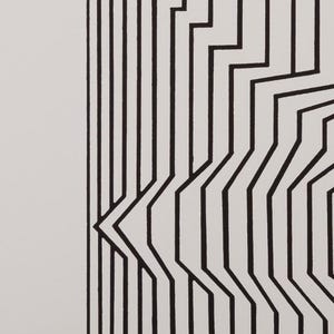 May include: Abstract black and white geometric artwork. The design features a series of vertical and angled black lines against a white background. The lines create a sense of depth and movement, forming a modern, minimalist composition.