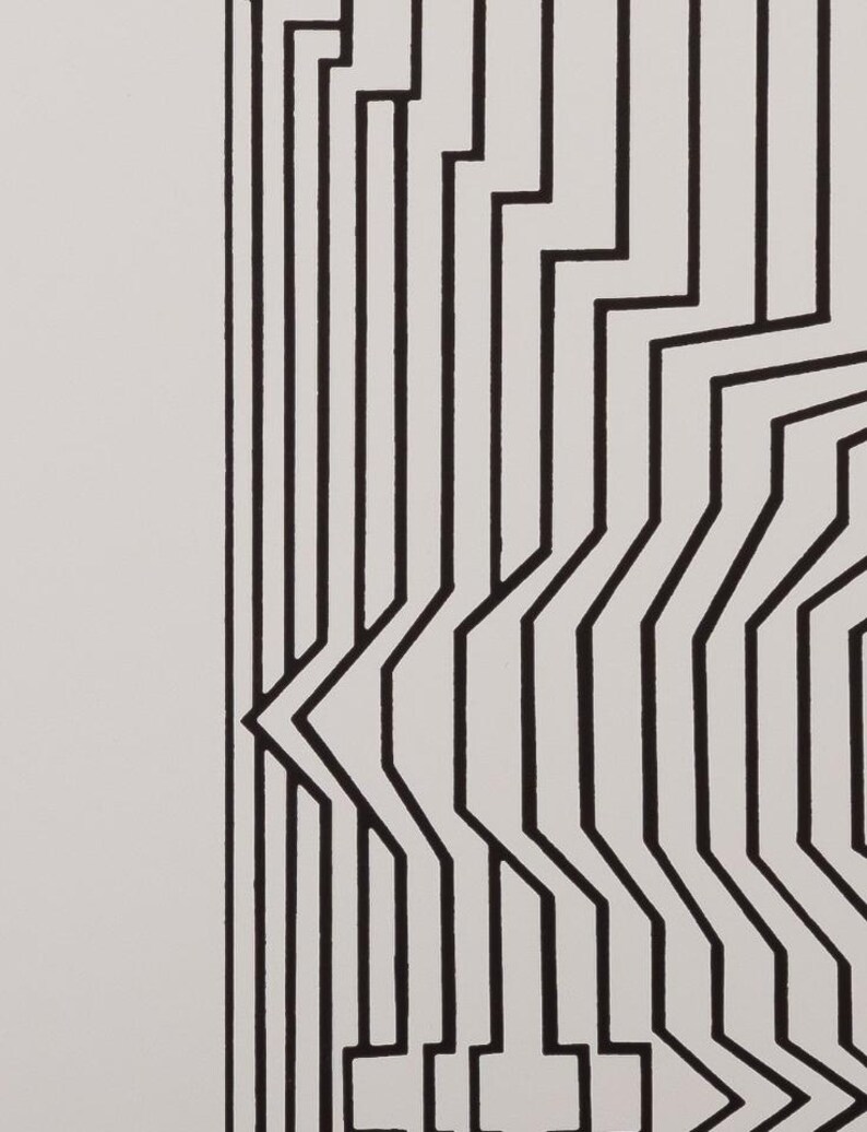 May include: Abstract black and white geometric artwork. The design features a series of vertical and angled black lines against a white background. The lines create a sense of depth and movement, forming a modern, minimalist composition.