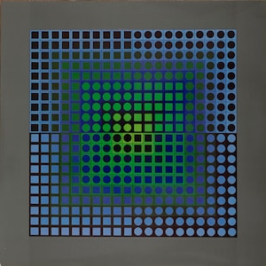 May include: Abstract geometric art print featuring a square composition with concentric squares. The artwork uses a palette of blues, greens, and black, with a gradient effect. The shapes include squares and circles, creating a visually dynamic piece.