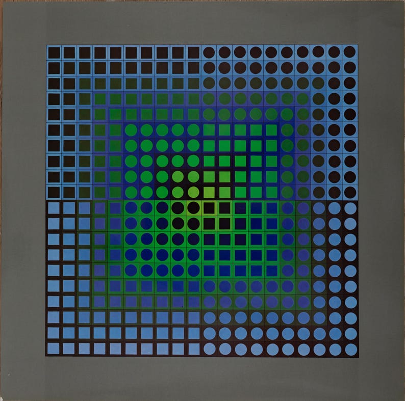 May include: Abstract geometric art print featuring a square composition with concentric squares. The artwork uses a palette of blues, greens, and black, with a gradient effect. The shapes include squares and circles, creating a visually dynamic piece.