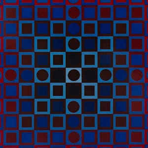 K&ouml;nnte beinhalten: Abstrakte geometrische Kunst mit einem Raster aus blauen, braunen und roten Quadraten und Kreisen. Das symmetrische Design hat einen zentralen Fokus und erzeugt eine visuell ansprechende Komposition. Das Kunstwerk verwendet eine Vielzahl von Formen.