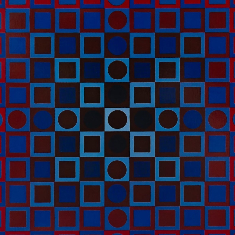K&ouml;nnte beinhalten: Abstrakte geometrische Kunst mit einem Raster aus blauen, braunen und roten Quadraten und Kreisen. Das symmetrische Design hat einen zentralen Fokus und erzeugt eine visuell ansprechende Komposition. Das Kunstwerk verwendet eine Vielzahl von Formen.