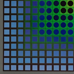 May include: Abstract geometric artwork featuring a grid of squares and circles. The squares transition from light blue to dark blue, set against a brown background. Circles in shades of blue and black are on a green background.