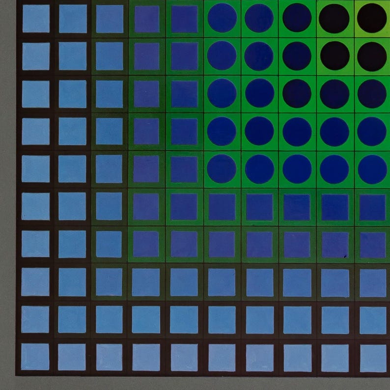 May include: Abstract geometric artwork featuring a grid of squares and circles. The squares transition from light blue to dark blue, set against a brown background. Circles in shades of blue and black are on a green background.