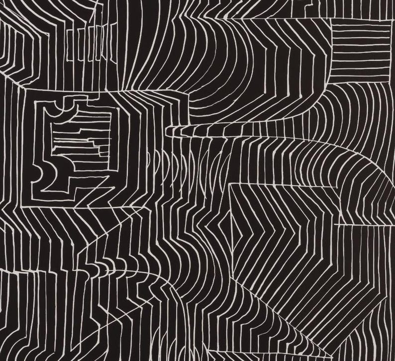 May include: Abstract black and white artwork featuring a complex pattern of intersecting lines and geometric shapes. The design includes curved and straight lines, creating a dynamic and visually engaging composition. The artwork has a modern aesthetic.