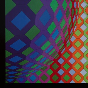 May include: Abstract geometric artwork featuring a curved, three-dimensional effect. The design incorporates a repeating pattern of diamonds and octagons in vibrant colors, including blue, green, purple, red, and orange. The artwork has a retro, psychedelic vibe.