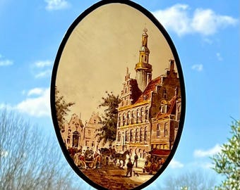 Dutch Classic Hand-Painted Glass Panel - Unique Home Decor - Art Gift for Collectors