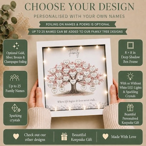 Personalised Family Tree Frame, Oak or White, LED Lights, Custom Names, Keepsake Gift