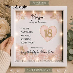 May include: A white square shadow box frame with internal LED lights containing a personalized print with pink and gold floral accents. The text reads Morgan, Loving you since 2008, 18 years, 216 months, 939 weeks, 6,574 days, 157,785 hours, and Happy 18th birthday love Mum & Dad.